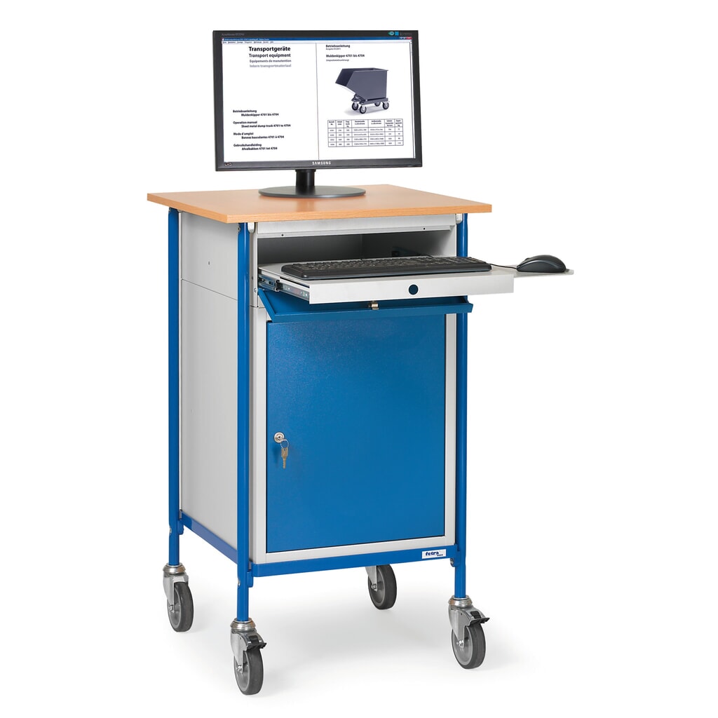 Product afbeelding: fetra® Rollende lessenaar Premium met kast + toetsenbordlade, 1 vaste + 2 verstelbare legplanken