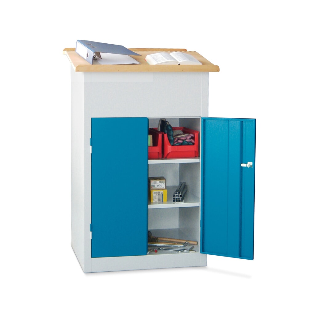 Product afbeelding: PAVOY lessenaar met kast + houten plaat, gesloten, 2 planken, lichtgrijs, lichtgrijs