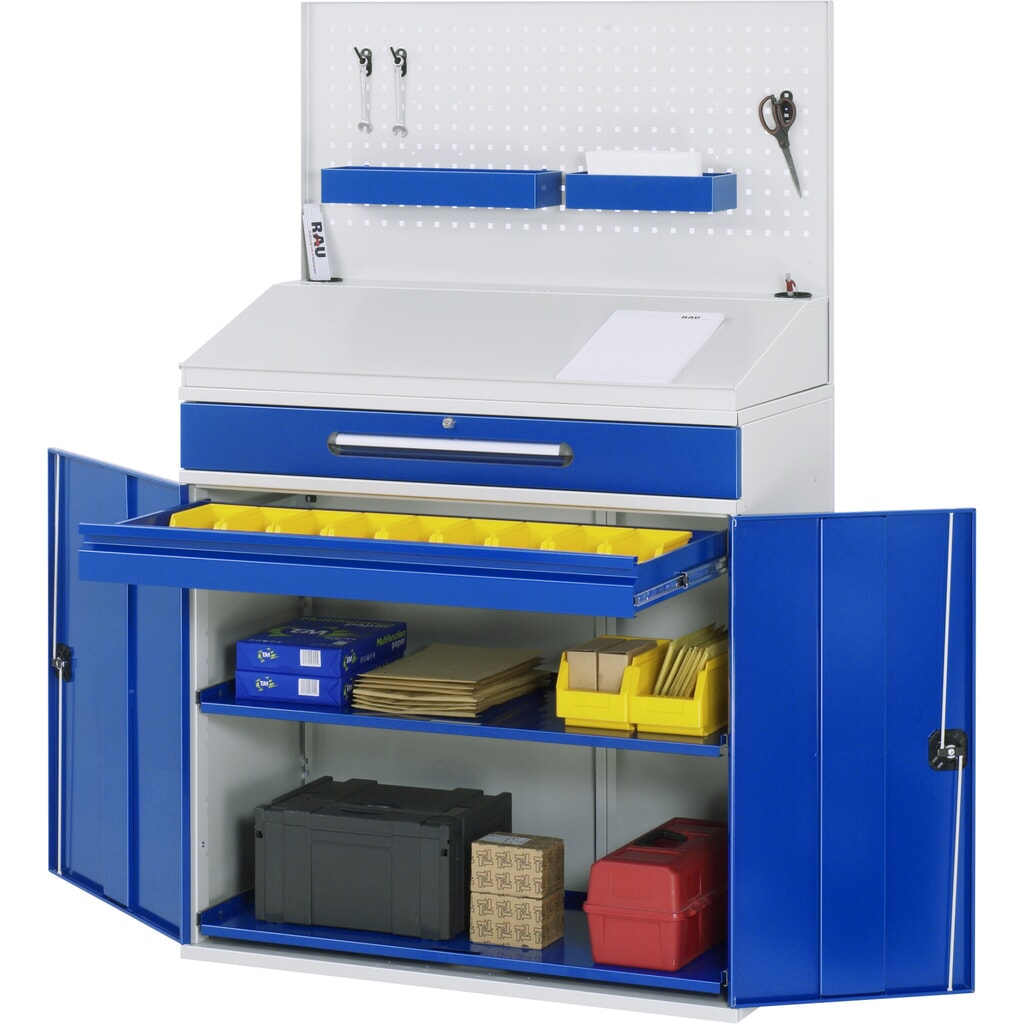 RAU lessenaar met kast, HxBxD 1.110-1.770 x 1.100 x 520 mm, lades 1 x 80, 1 x 120 mm Product afbeelding: RAU lessenaar met kast, HxBxD 1.110-1.770 x 1.100 x 520 mm, lades 1 x 80, 1 x 120 mm
