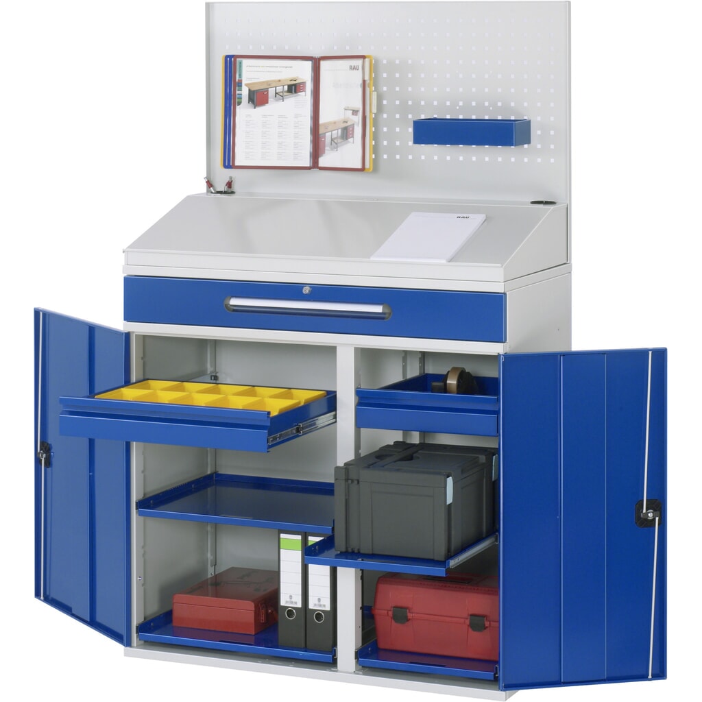 RAU lessenaar met kast, HxBxD 1.110-1.770 x 1.100 x 520 mm, lades 2 x 80, 1 x 120 mm Product afbeelding: RAU lessenaar met kast, HxBxD 1.110-1.770 x 1.100 x 520 mm, lades 2 x 80, 1 x 120 mm