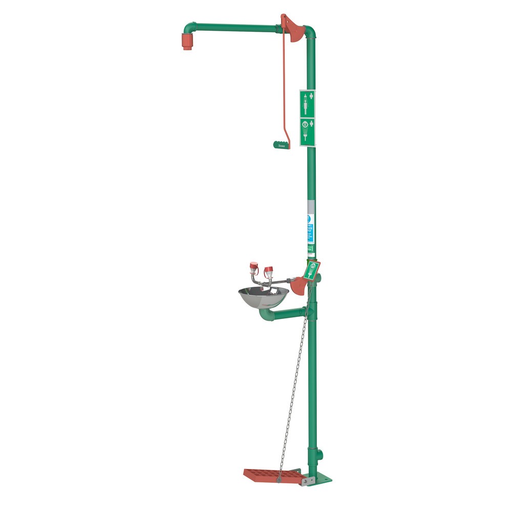 Product afbeelding: Lichaams- en oogdouche Justrite® 18G85GD Hughes, met opvangbak, staand model, voor binnengebruik, verzinkt staal