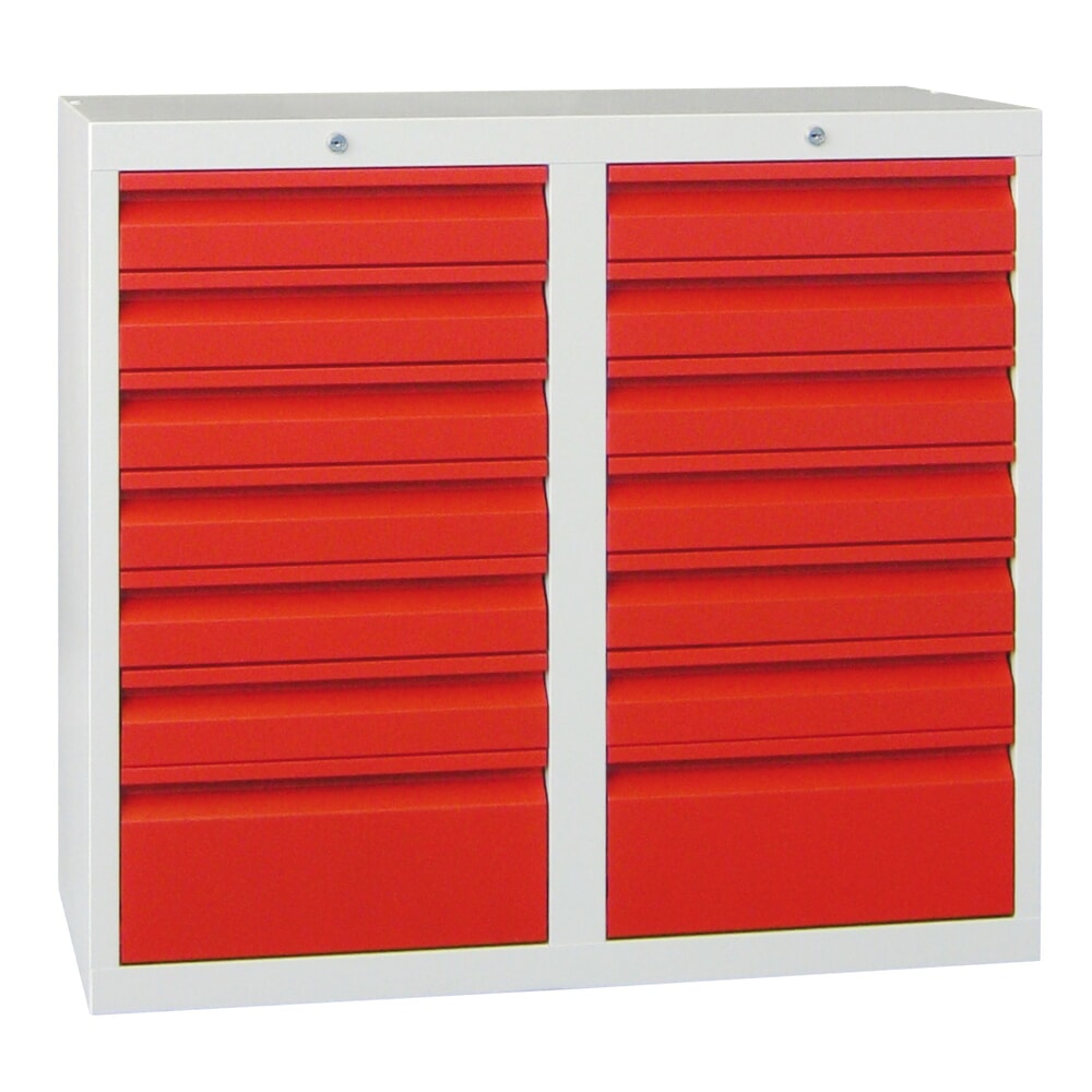 Product afbeelding: Lichte ladekast PAVOY, glijgeleiding, laden 12x100 + 2x200 mm, breedte 1.000 mm, vuurrood, lichtgrijs