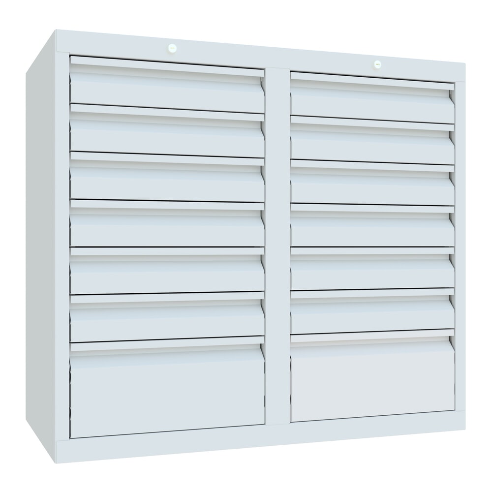 Product afbeelding: Lichte ladekast PAVOY, glijgeleiding, laden 12x100 + 2x200 mm, breedte 1.000 mm, lichtgrijs, lichtgrijs