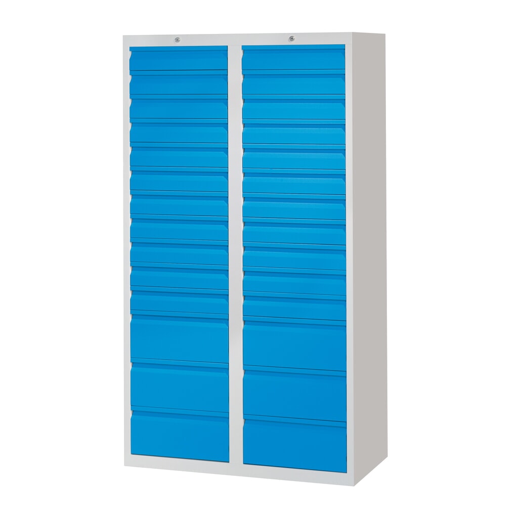 Lichte ladekast PAVOY, rolgeleiding, laden 22x100 + 6x200 mm, breedte 1.000 mm, hemelsblauw, lichtgrijs Product afbeelding: Lichte ladekast PAVOY, rolgeleiding, laden 22x100 + 6x200 mm, breedte 1.000 mm, hemelsblauw, lichtgrijs
