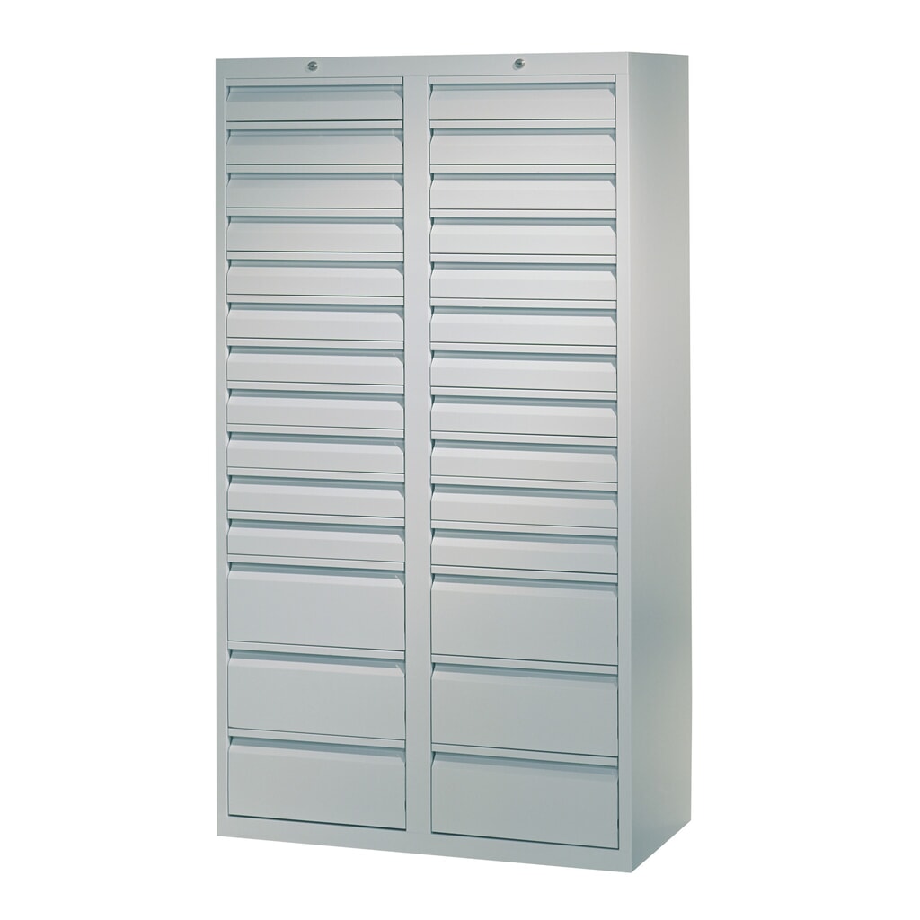 Lichte ladekast PAVOY, rolgeleiding, laden 22x100 + 6x200 mm, breedte 1.000 mm, hemelsblauw, lichtgrijs Productafbeelding nr. 3: Lichte ladekast PAVOY, rolgeleiding, laden 22x100 + 6x200 mm, breedte 1.000 mm, hemelsblauw, lichtgrijs