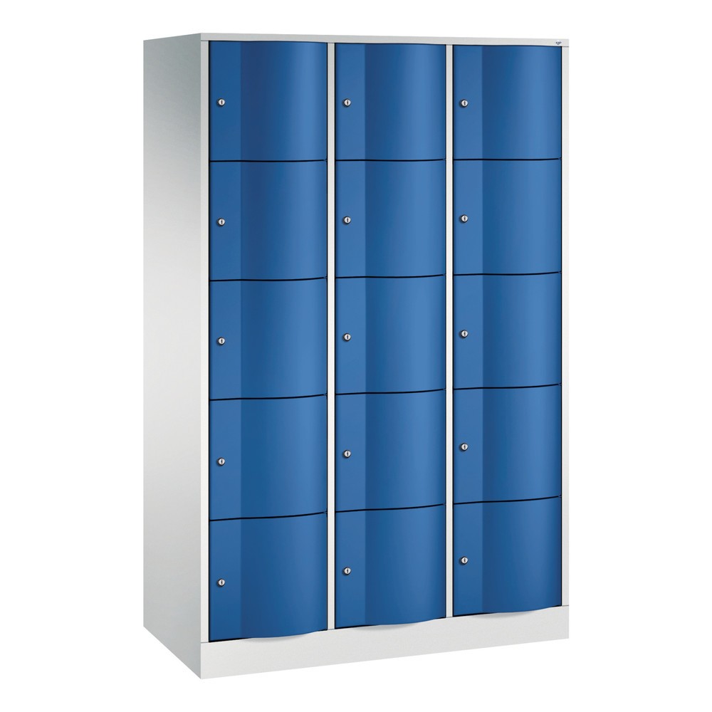Product afbeelding: Locker C+P met vandalismebestendige deuren, 3 x 5 vakken, hxbxd 1.950 x 1.150 x 540 mm, lichtgrijs, gentiaanblauw