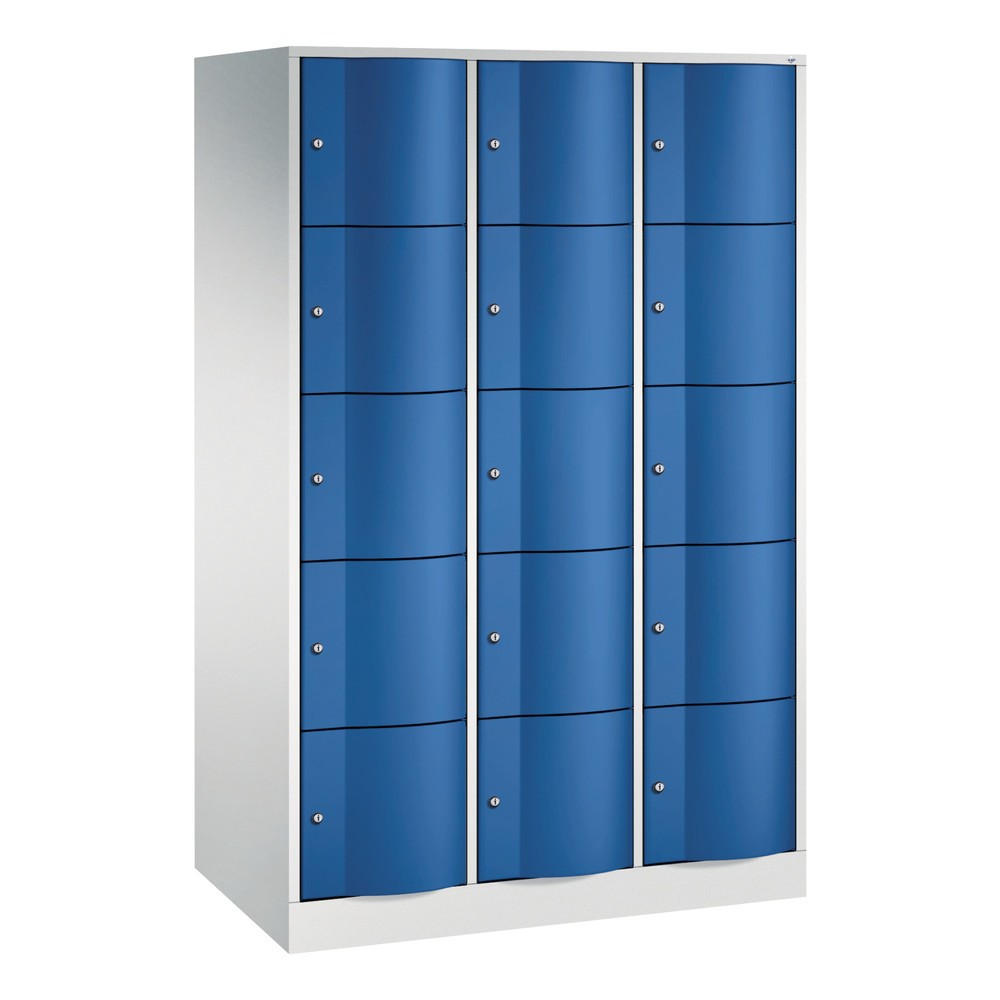 Product afbeelding: Locker C+P met vandalismebestendige deuren, 3 x 5 vakken, hxbxd 1.950 x 1.150 x 640 mm, lichtgrijs, gentiaanblauw