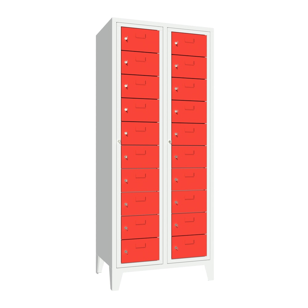 Productafbeelding nr. 1: Locker PAVOY met centrale deur, 2 x 10 vakken, hxbxd 1.850 x 770 x 500 mm, met poten, vuurrood, lichtgrijs