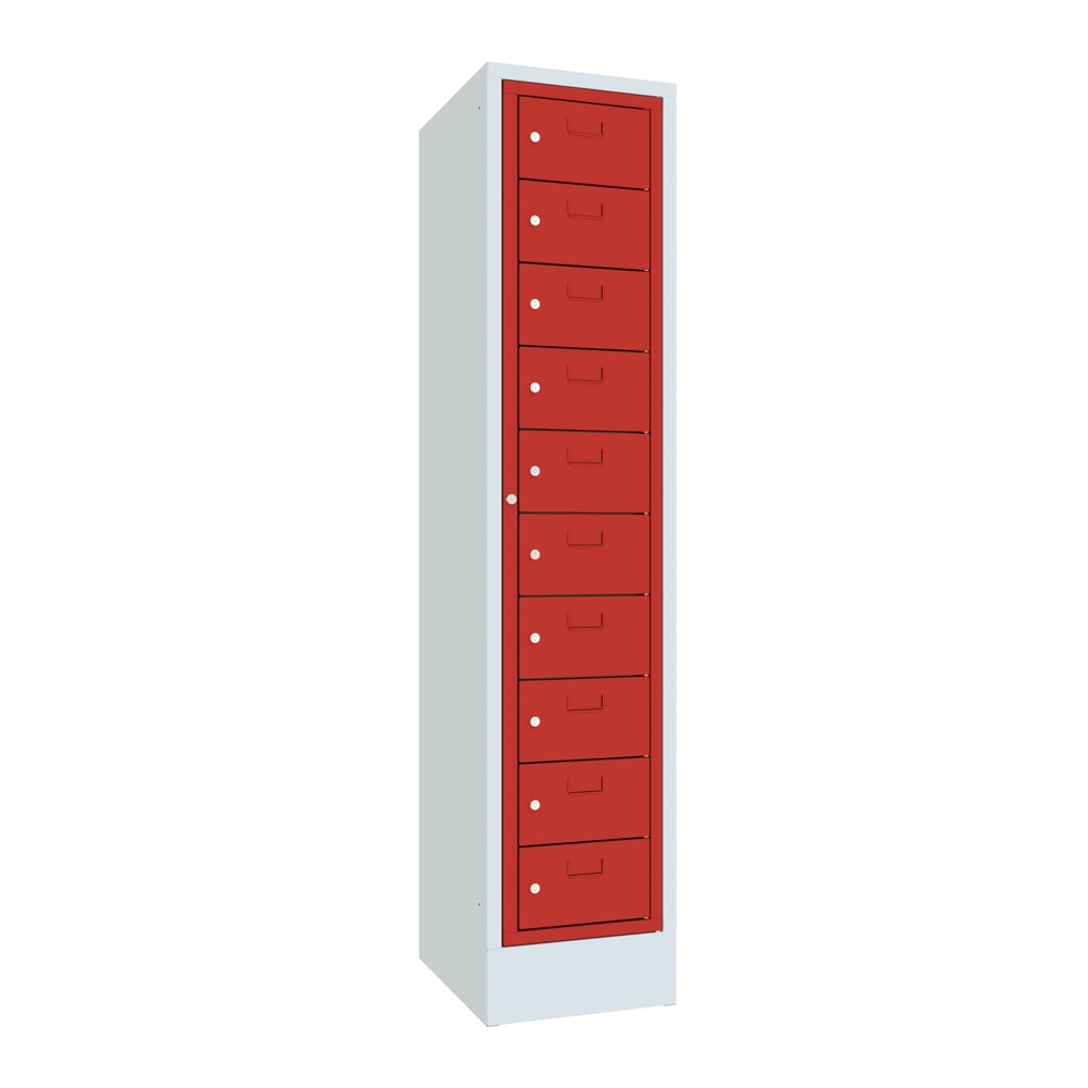 Product afbeelding: Locker PAVOY met centrale deur, 1 x 10 vakken, hxbxd 1.850 x 400 x 500 mm, met sokkel, vuurrood, lichtgrijs