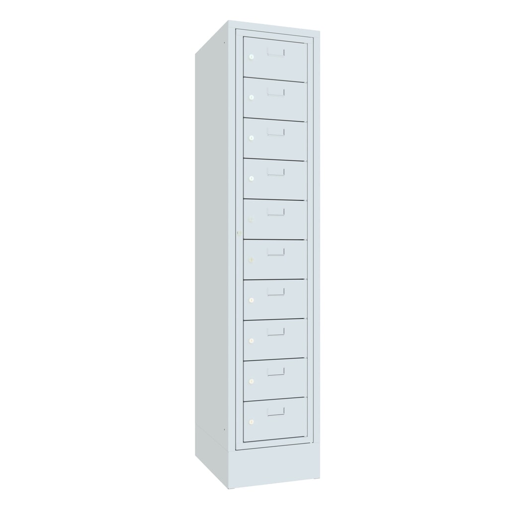 Locker PAVOY met centrale deur, 1 x 10 vakken, hxbxd 1.850 x 400 x 500 mm, met sokkel, lichtgrijs, lichtgrijs Product afbeelding: Locker PAVOY met centrale deur, 1 x 10 vakken, hxbxd 1.850 x 400 x 500 mm, met sokkel, lichtgrijs, lichtgrijs