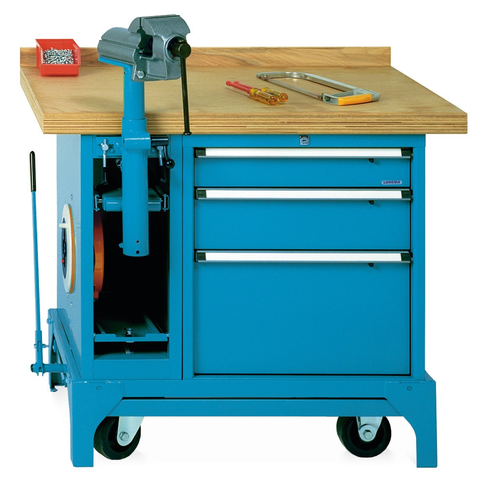 Product afbeelding: LOKOMA Mobiele werkbank Premium met lades + bankschroef + kabelhaspel, cap. 1.500 kg, hxbxd 850 x 1.000 x 700 mm, zwartgrijs