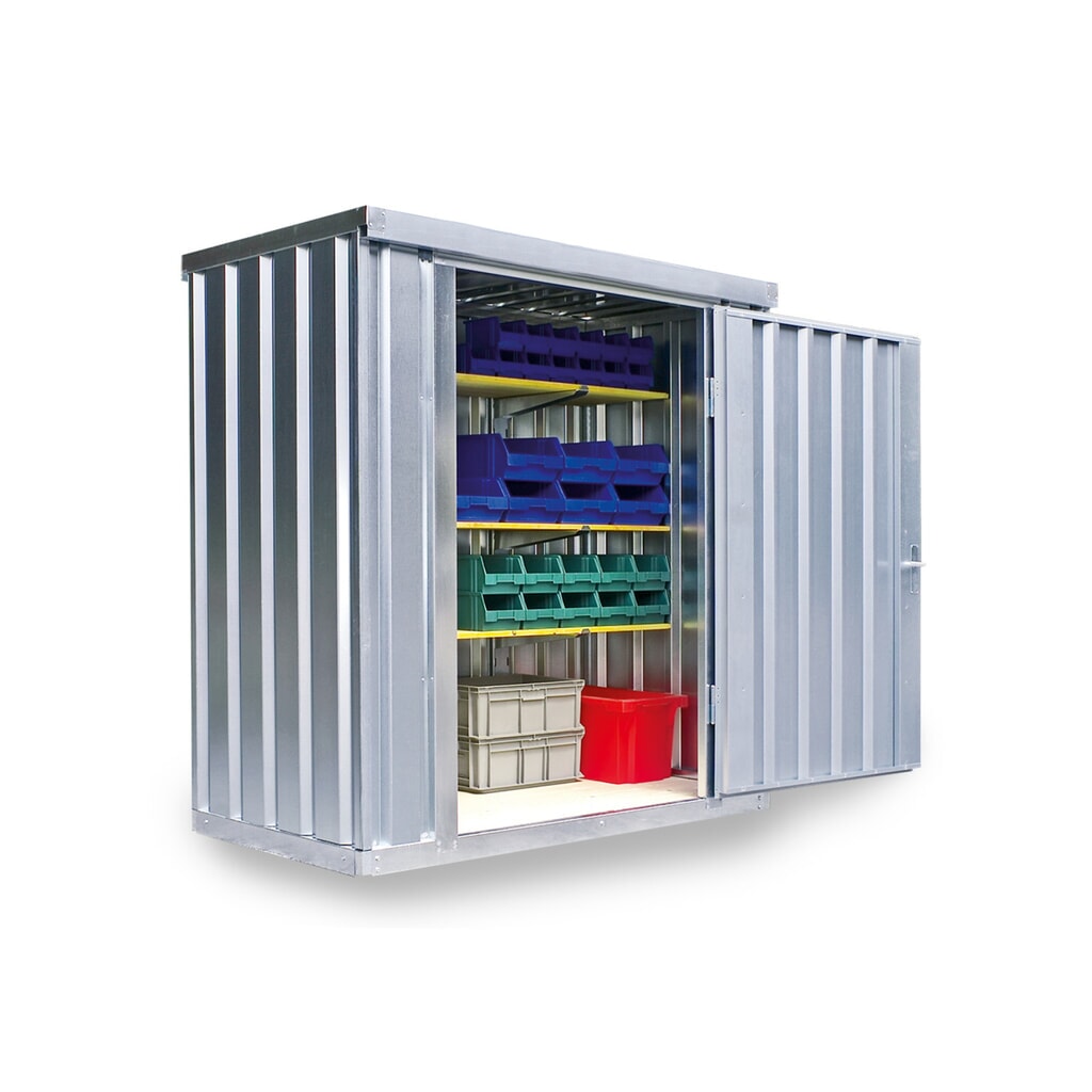FLADAFI® materiaalcontainer als enkele module, verzinkt, hxbxd 2.150 x 2.100 x 1.140 mm, gedemonteerd, houten vloer Product afbeelding: FLADAFI® materiaalcontainer als enkele module, verzinkt, hxbxd 2.150 x 2.100 x 1.140 mm, gedemonteerd, houten vloer
