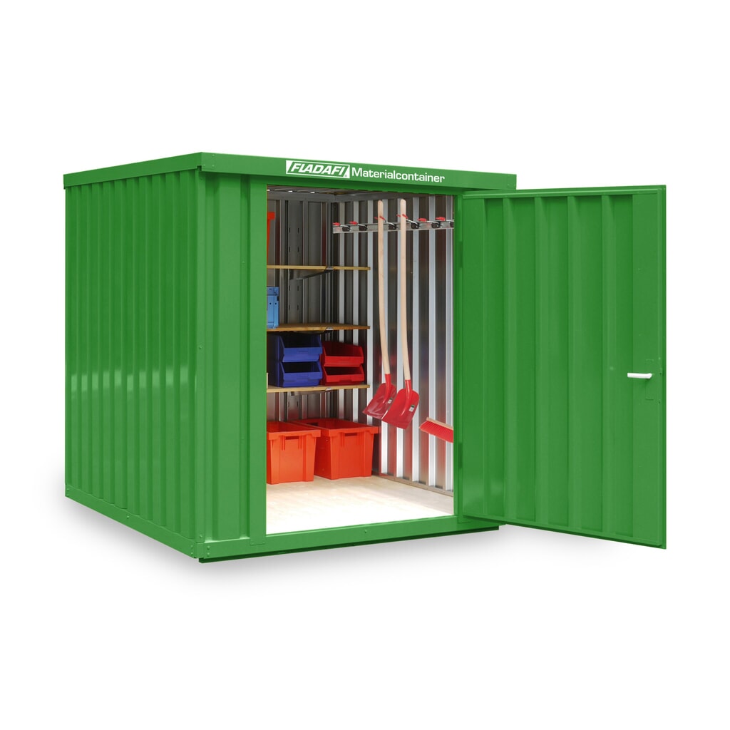 FLADAFI® materiaalcontainer als enkele module, geverfd, hxbxd 2.150 x 2.100 x 2.170 mm, gemonteerd, houten vloer, grasgroen Product afbeelding: FLADAFI® materiaalcontainer als enkele module, geverfd, hxbxd 2.150 x 2.100 x 2.170 mm, gemonteerd, houten vloer, grasgroen