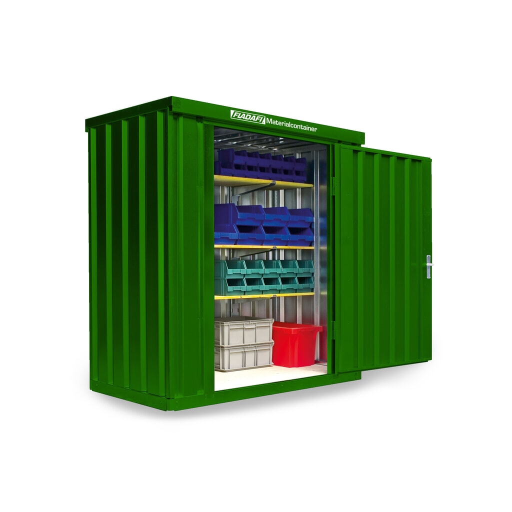 FLADAFI® materiaalcontainer als enkele module, geverfd, hxbxd 2.150 x 2.100 x 1.140 mm, gemonteerd, houten vloer, grasgroen Product afbeelding: FLADAFI® materiaalcontainer als enkele module, geverfd, hxbxd 2.150 x 2.100 x 1.140 mm, gemonteerd, houten vloer, grasgroen