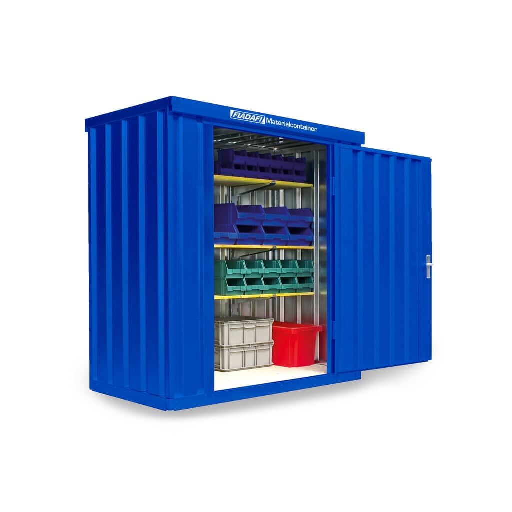 FLADAFI® materiaalcontainer als enkele module, geverfd, hxbxd 2.150 x 2.100 x 1.140 mm, gemonteerd, houten vloer, gentiaanblauw Product afbeelding: FLADAFI® materiaalcontainer als enkele module, geverfd, hxbxd 2.150 x 2.100 x 1.140 mm, gemonteerd, houten vloer, gentiaanblauw