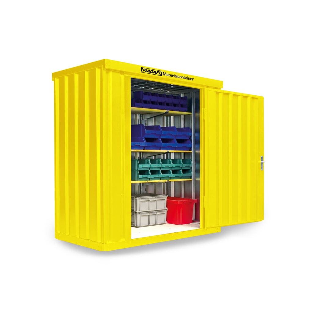 FLADAFI® materiaalcontainer als enkele module, geverfd, hxbxd 2.150 x 2.100 x 1.140 mm, gemonteerd, houten vloer, signaalgeel Product afbeelding: FLADAFI® materiaalcontainer als enkele module, geverfd, hxbxd 2.150 x 2.100 x 1.140 mm, gemonteerd, houten vloer, signaalgeel