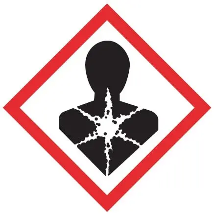 Gevaarsymbool voor kankerverwekkende, genetische afwijkingen en onvruchtbaarheid veroorzakende stoffen (categorie 1A, 1B en 2) en ademhalingsproblemen en acuut orgaanfalen veroorzakende stoffen (categorie 1 en 2)