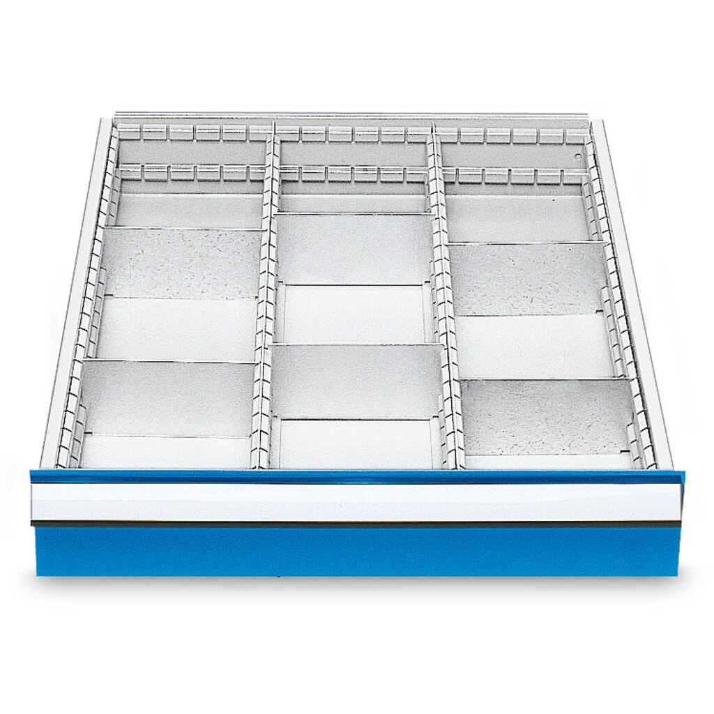 Product afbeelding: Metalen ladeverdeler voor koppelbare werkbanken, voor fronthoogte 150 mm, 9 vakken