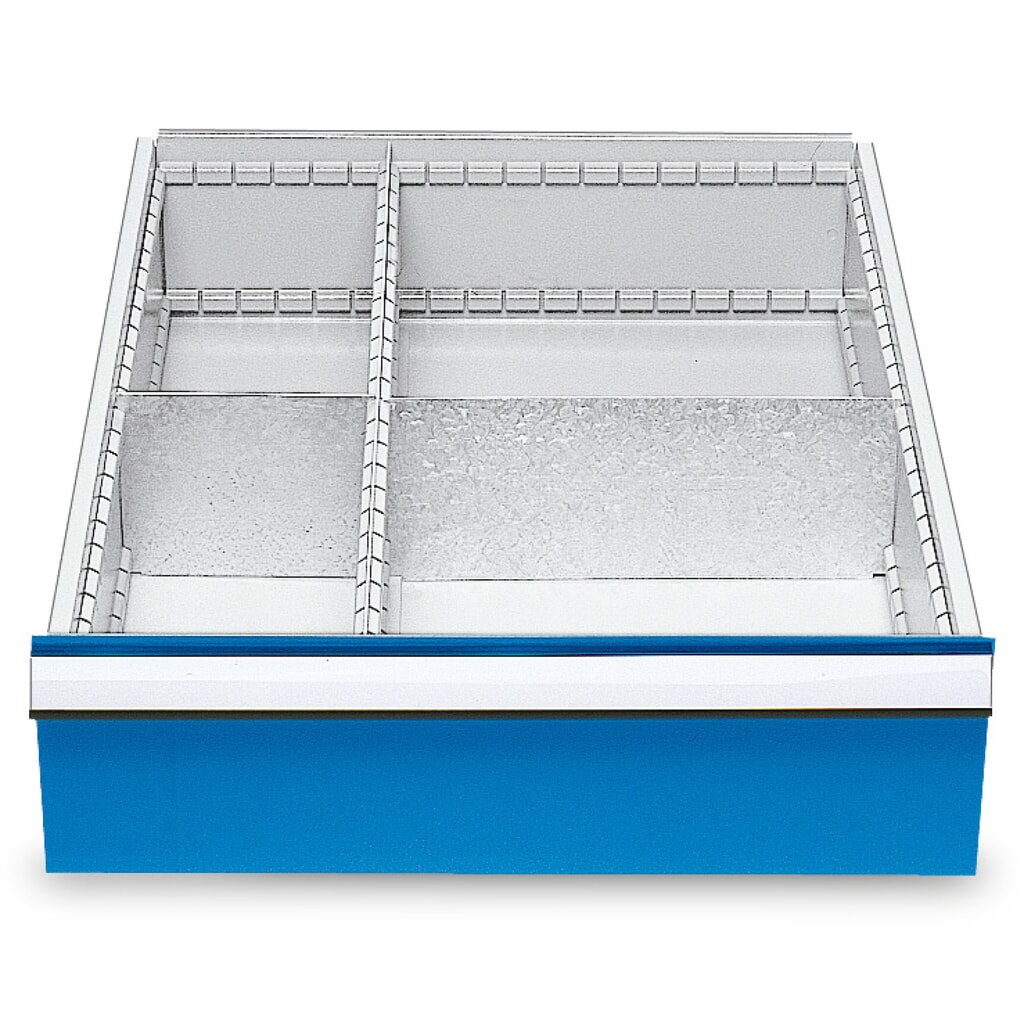 Product afbeelding: Metalen ladeverdeler voor koppelbare werkbanken, voor fronthoogte 150 mm, 4 vakken