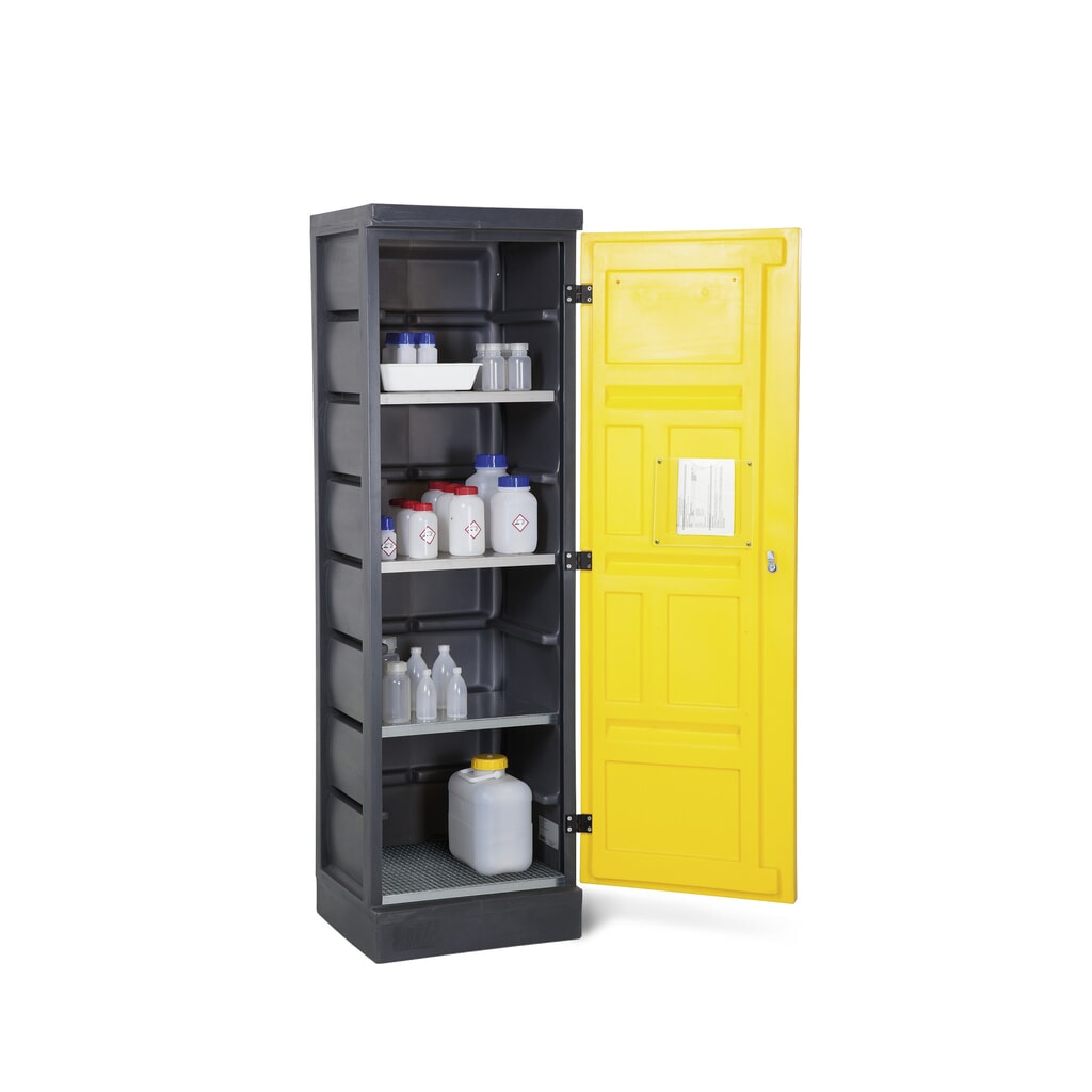 Denios chemicaliënkast van PE, hxbxd 1.990 x 610 x 640 mm, 3 lekbakken + 1 roestvrijstalen rooster Product afbeelding: Denios chemicaliënkast van PE, hxbxd 1.990 x 610 x 640 mm, 3 lekbakken + 1 roestvrijstalen rooster
