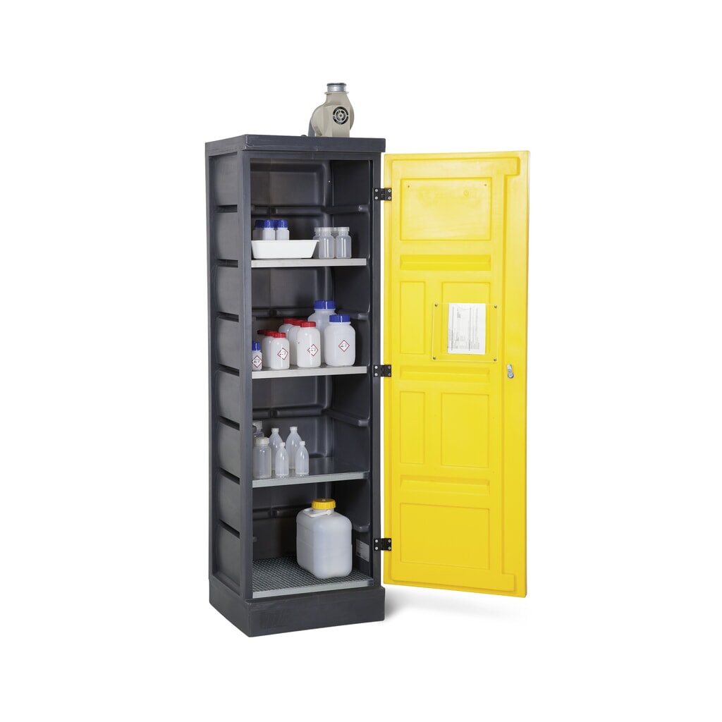 Denios chemicaliënkast van PE, hxbxd 1.990 x 610 x 640 mm, 3 lekbakken + 1 rooster, verzinkt Product afbeelding: Denios chemicaliënkast van PE, hxbxd 1.990 x 610 x 640 mm, 3 lekbakken + 1 rooster, verzinkt