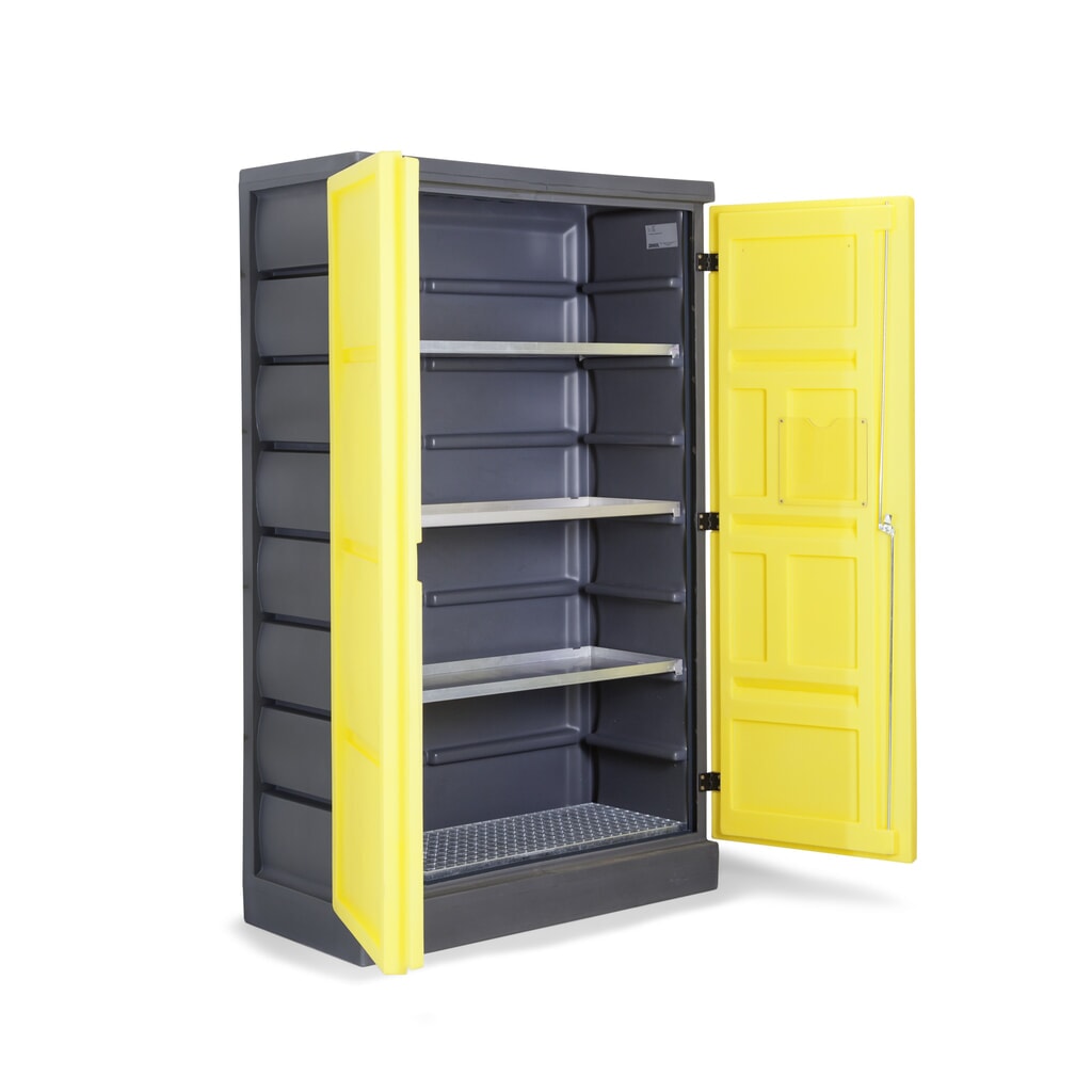 Product afbeelding: Denios chemicaliënkast van PE, hxbxd 1.990 x 1.225 x 640 mm, 3 lekbakken + 1 roestvrijstalen rooster