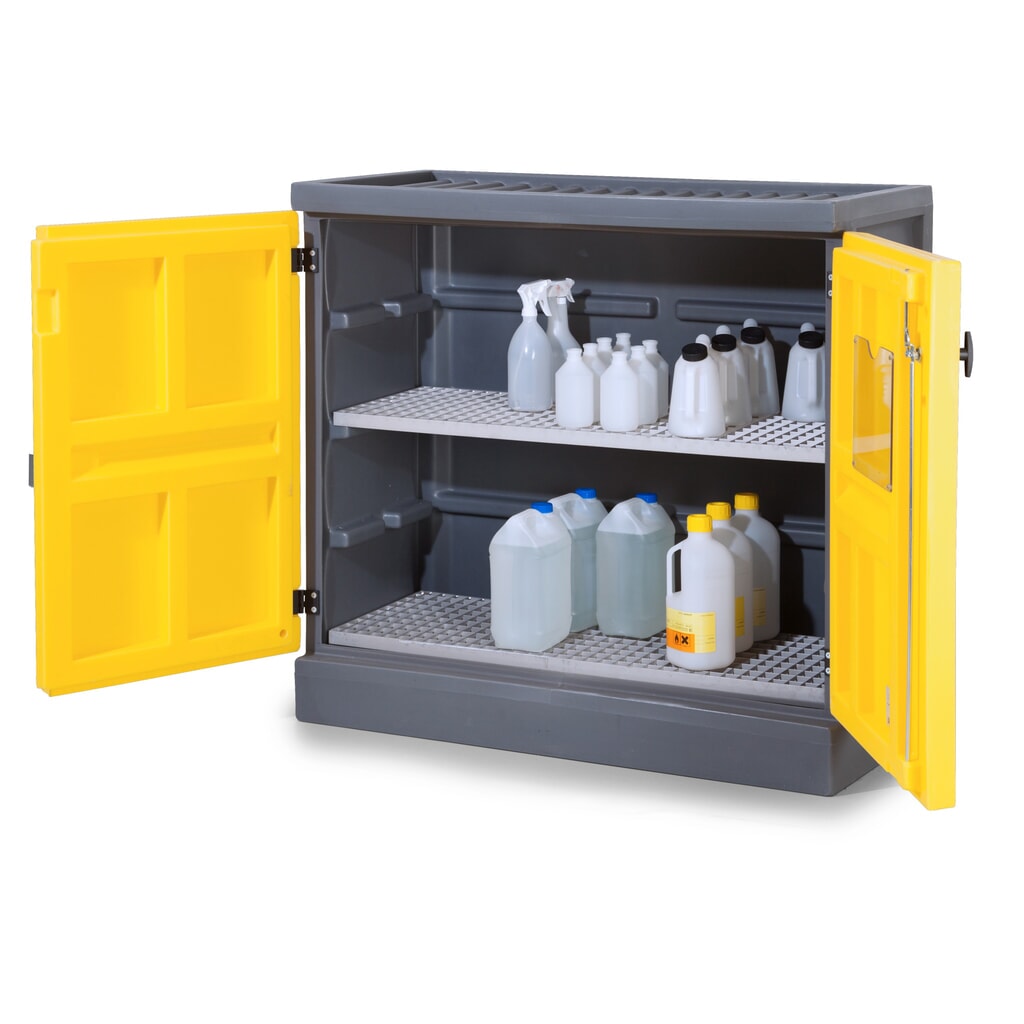 Product afbeelding: Denios chemicaliënkast van PE, hxbxd 1.130 x 1.225 x 640 mm, 2 roestvrijstalen roosters