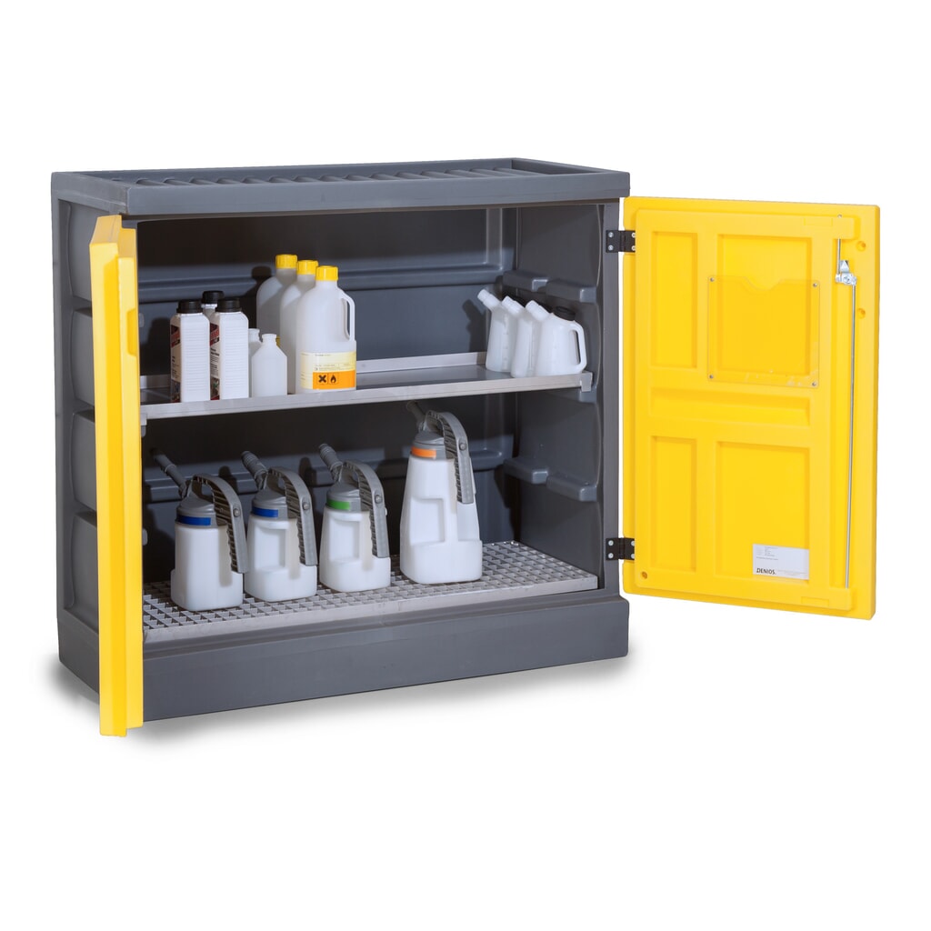 Product afbeelding: Denios chemicaliënkast van PE, hxbxd 1.130 x 1.225 x 640 mm, 1 lekbak + 1 roestvrijstalen rooster