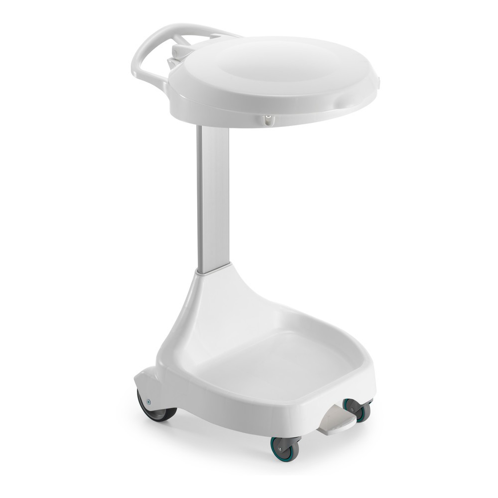 Product afbeelding: Mobiele afvalzakhouder met pedaal Delta I, voor zakken van 120 liter, 2 wielen + 2 zwenkwielen, frame wit, deksel blauw