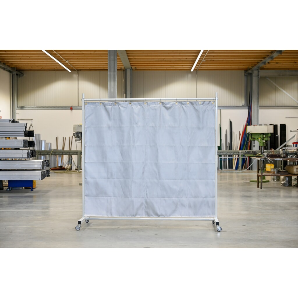 Mobiele beschermingswand met zwenkarmen, hitte-/spatbeschermingsdeken volgens DIN EN 13501-1, 1-delig, lamellen 2 mm, grijs/zilver Product afbeelding: Mobiele beschermingswand met zwenkarmen, hitte-/spatbeschermingsdeken volgens DIN EN 13501-1, 1-delig, lamellen 2 mm, grijs/zilver