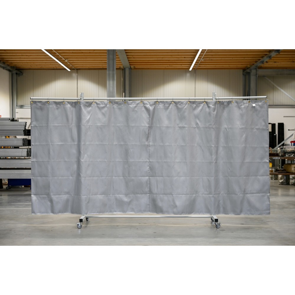 Productafbeelding nr. 1: Mobiele beschermingswand met zwenkarmen, hitte-/spatbeschermingsdeken volgens DIN EN 13501-1, 3-delig, lamellen 2 mm, grijs/zilver