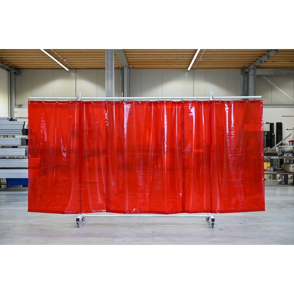 Product afbeelding: Mobiele beschermwand met zwenkarmen, volgens ISO EN 25980 (EN 1598), 3-delig, zeil 0,4 mm, rood / transparant
