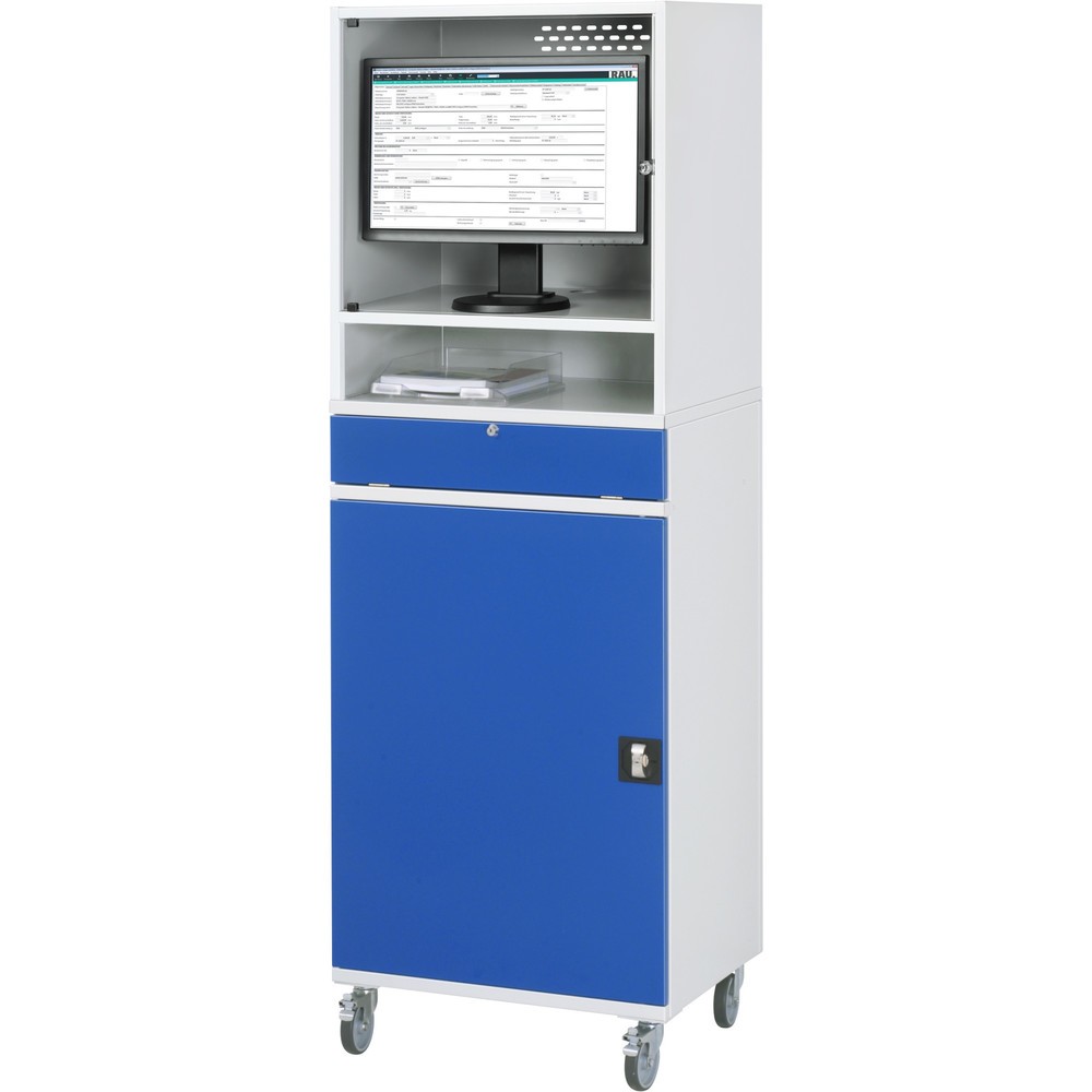 Productafbeelding nr. 3: Mobiele computerkast RAU, monitorbehuizing, uitschuifblad voor het toetsenbord, draaideur, aantal lades x h x b: 2 x 80 x 570 mm