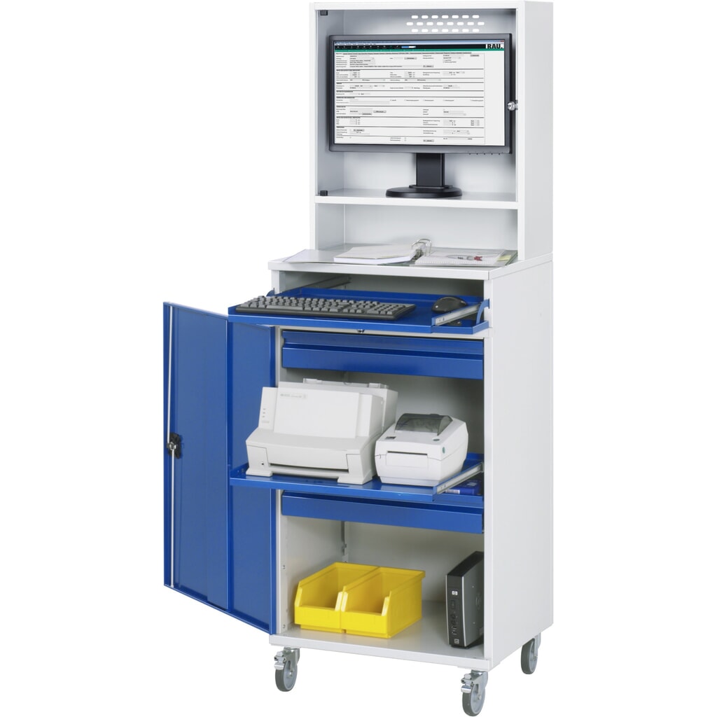 Mobiele computerkast RAU, monitorbehuizing, uitschuifblad voor het toetsenbord, draaideur, aantal lades x h x b: 2 x 80 x 570 mm Product afbeelding: Mobiele computerkast RAU, monitorbehuizing, uitschuifblad voor het toetsenbord, draaideur, aantal lades x h x b: 2 x 80 x 570 mm
