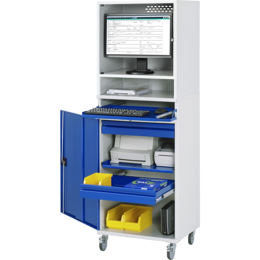 Product afbeelding: Mobiele computerkast RAU, monitorbehuizing, uitschuifblad voor het toetsenbord, draaideur, aantal lades x h x b: 2 x 80 x 570 mm