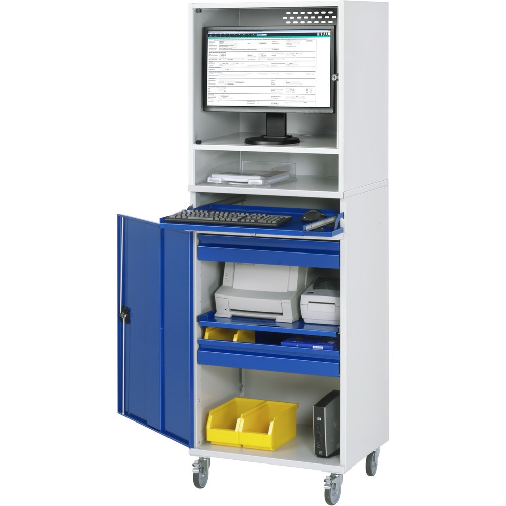 Productafbeelding nr. 4: Mobiele computerkast RAU, monitorbehuizing, uitschuifblad voor het toetsenbord, draaideur, aantal lades x h x b: 2 x 80 x 570 mm