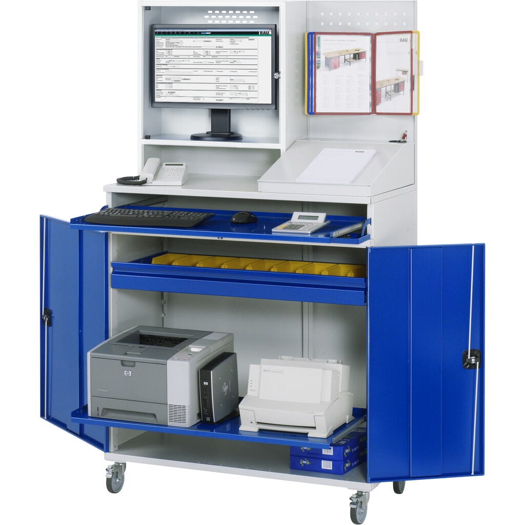 Mobiele computerkast RAU, monitorbehuizing, uitschuifblad voor het toetsenbord, dubbele draaideur, geperforeerde achterwand, aantal lades x h x b: 1 x 80 x 1.020 mm Productafbeelding nr. 1: Mobiele computerkast RAU, monitorbehuizing, uitschuifblad voor het toetsenbord, dubbele draaideur, geperforeerde achterwand, aantal lades x h x b: 1 x 80 x 1.020 mm