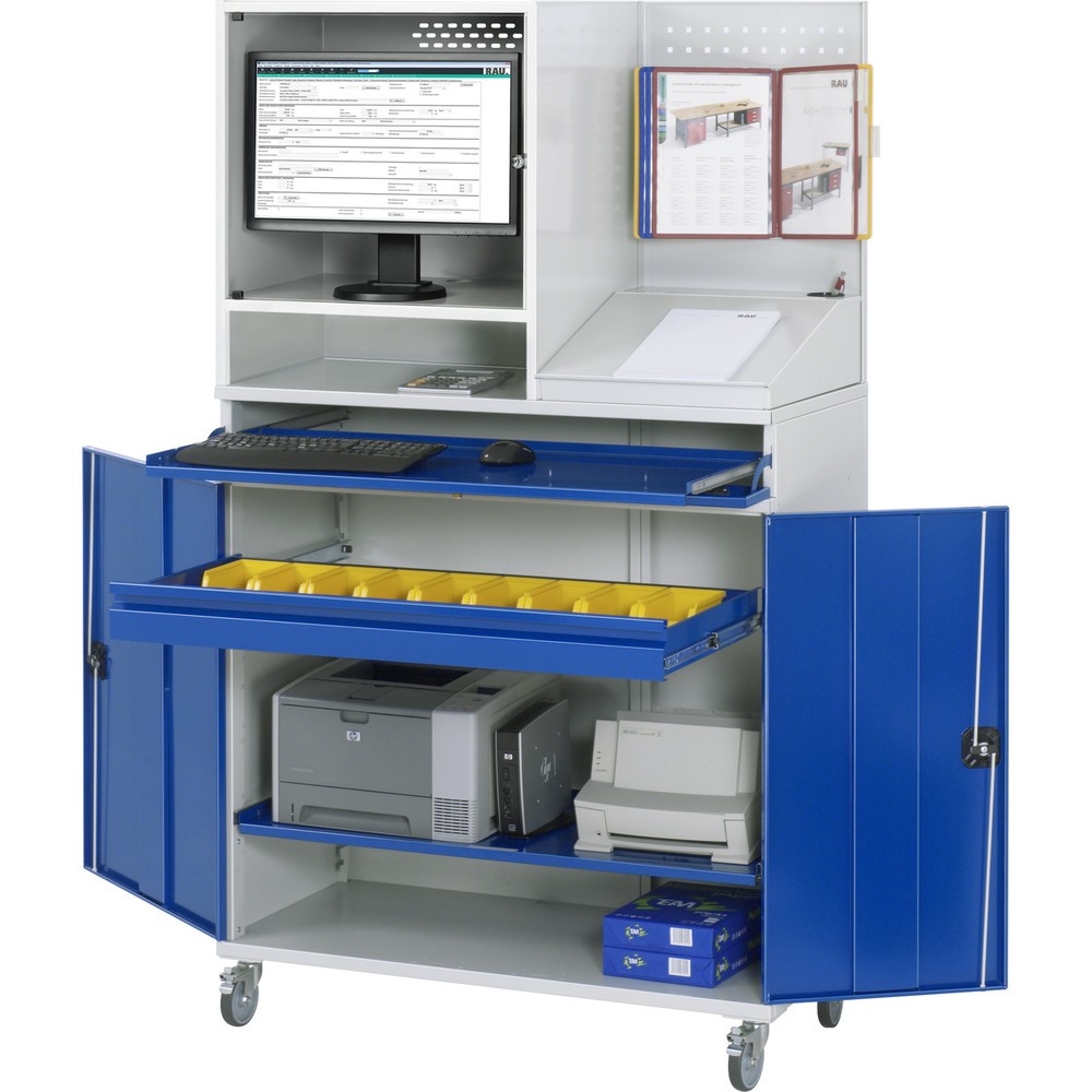 Product afbeelding: Mobiele computerkast RAU, monitorbehuizing, uitschuifblad voor het toetsenbord, dubbele draaideur, geperforeerde achterwand, aantal lades x h x b: 1 x 80 x 1.020 mm