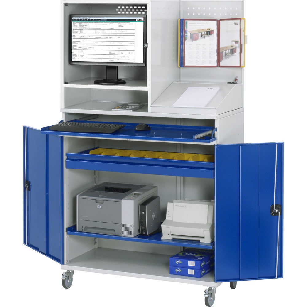 Productafbeelding nr. 2: Mobiele computerkast RAU, monitorbehuizing, uitschuifblad voor het toetsenbord, dubbele draaideur, geperforeerde achterwand, aantal lades x h x b: 1 x 80 x 1.020 mm