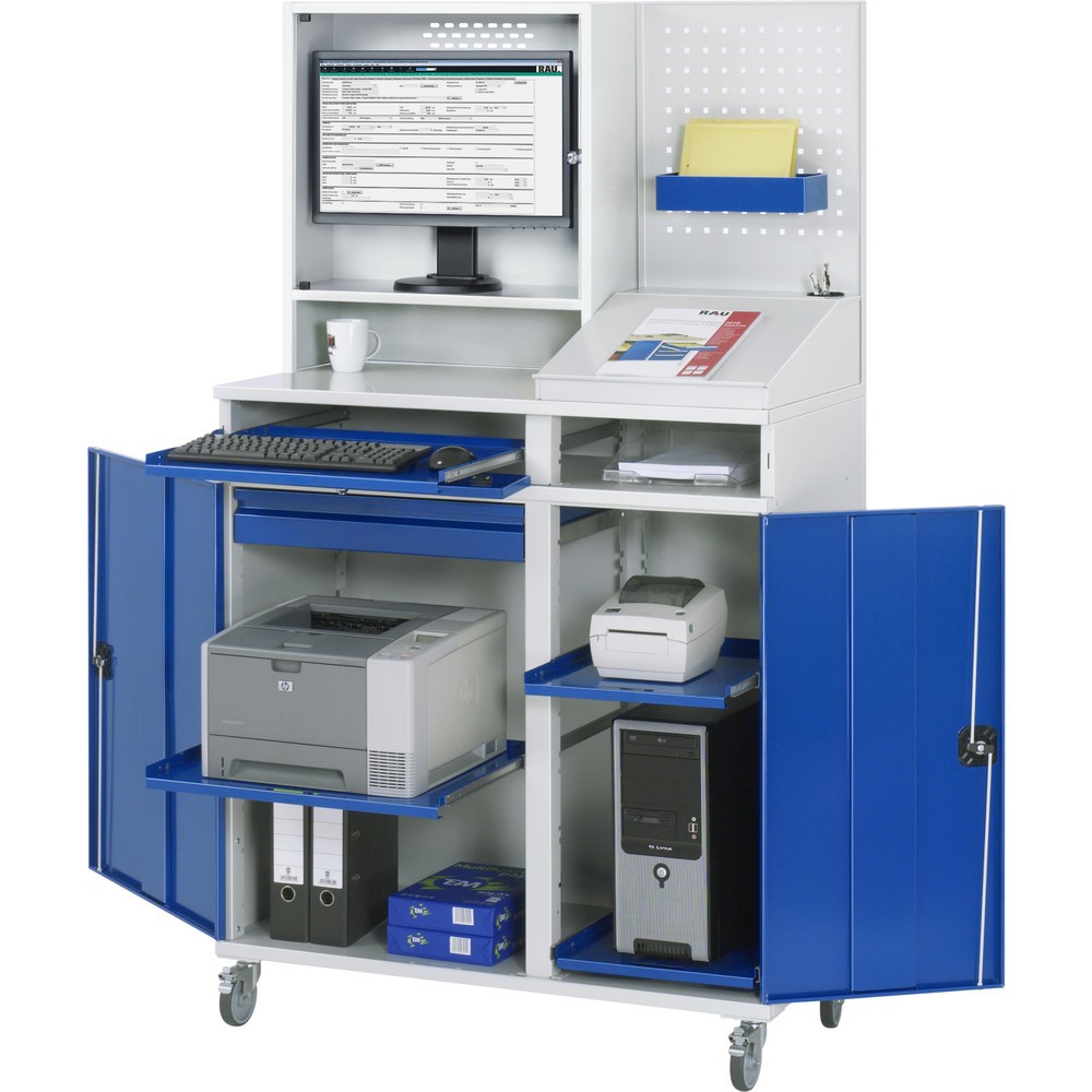 Product afbeelding: Mobiele computerkast RAU, monitorbehuizing, uitschuifblad voor het toetsenbord, dubbele draaideur, geperforeerde achterwand, aantal lades x h x b: 1 x 80 x 650 mm