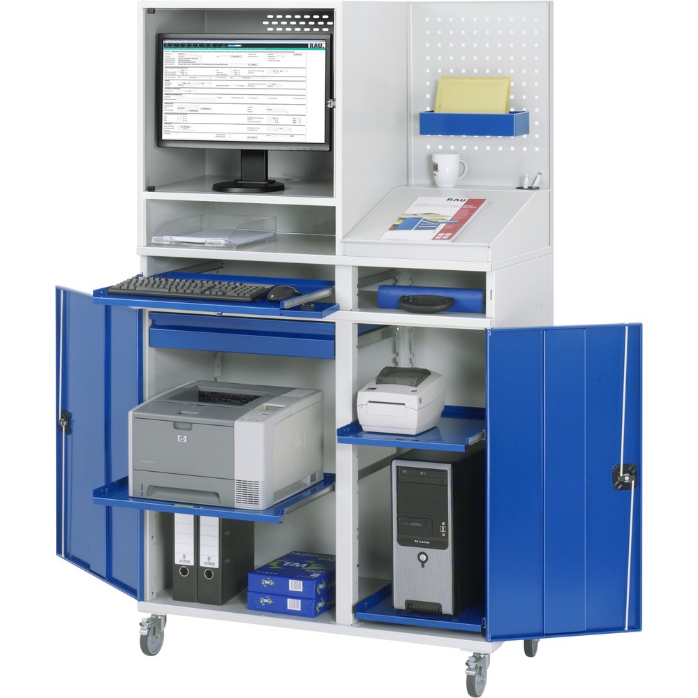 Product afbeelding: Mobiele computerkast RAU, monitorbehuizing, uitschuifblad voor het toetsenbord, dubbele draaideur, geperforeerde achterwand, aantal lades x h x b: 1 x 80 x 650 mm