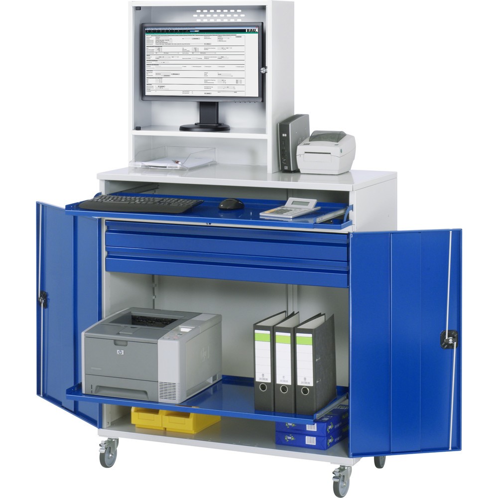 Productafbeelding nr. 1: Mobiele computerkast RAU, monitorbehuizing, uitschuifblad voor het toetsenbord, dubbele draaideur, aantal lades x h x b: 2 x 80 x 1.020 mm
