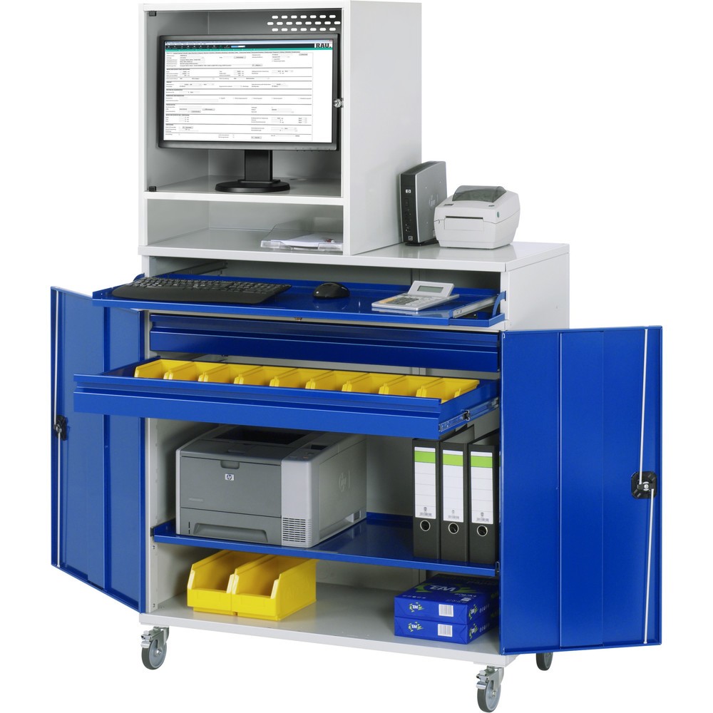 Product afbeelding: Mobiele computerkast RAU, monitorbehuizing, uitschuifblad voor het toetsenbord, dubbele draaideur, aantal lades x h x b: 2 x 80 x 1.020 mm