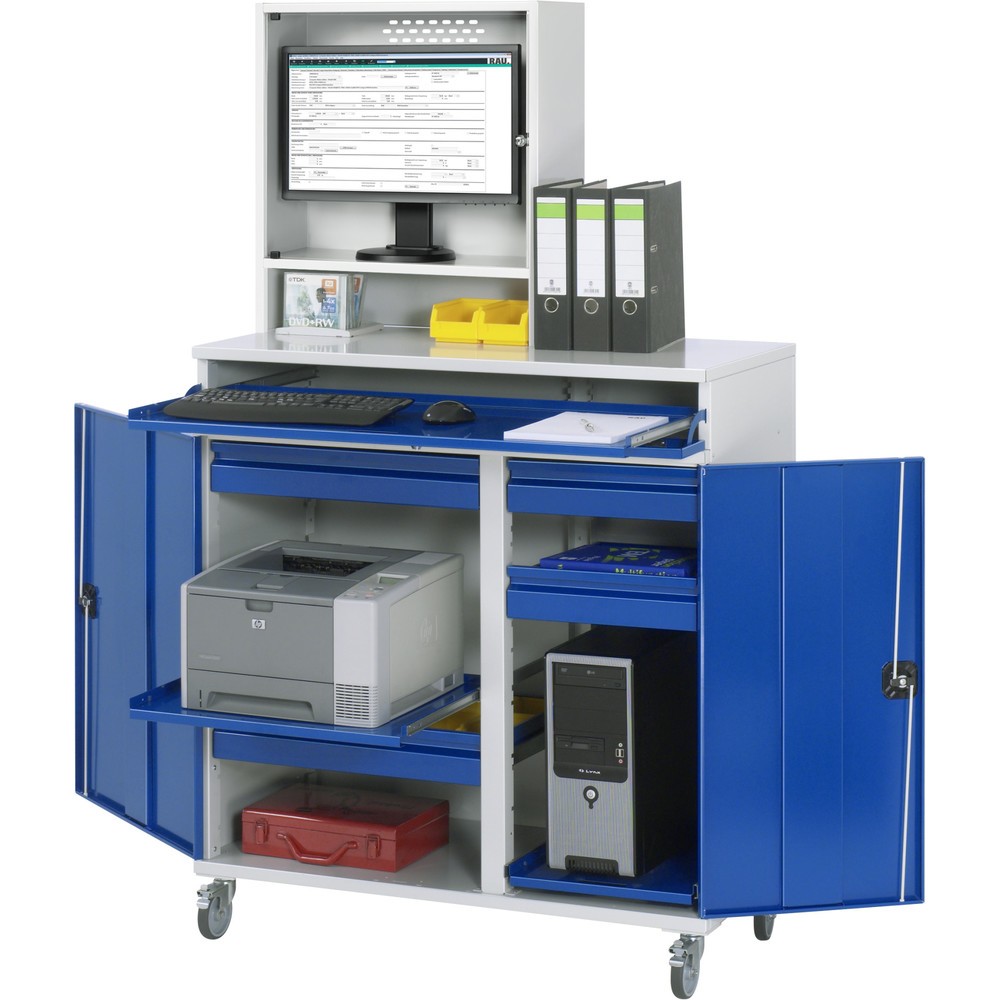 Productafbeelding nr. 1: Mobiele computerkast RAU, monitorbehuizing, uitschuifblad voor het toetsenbord, dubbele draaideur, aantal lades x h x b: 4 x 80 x 450-650 mm