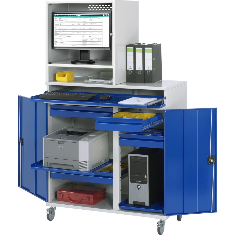 Product afbeelding: Mobiele computerkast RAU, monitorbehuizing, uitschuifblad voor het toetsenbord, dubbele draaideur, aantal lades x h x b: 4 x 80 x 450-650 mm
