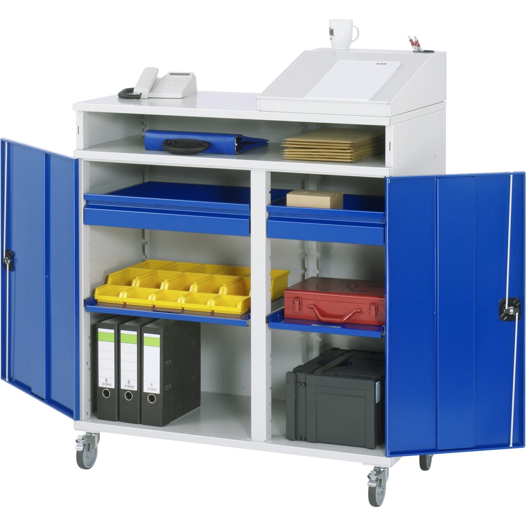 RAU mobiele rollende lessenaar, HxBxD 1.185-1.345 x 1.100 x 520 mm, lades 2 x 80 mm Product afbeelding: RAU mobiele rollende lessenaar, HxBxD 1.185-1.345 x 1.100 x 520 mm, lades 2 x 80 mm