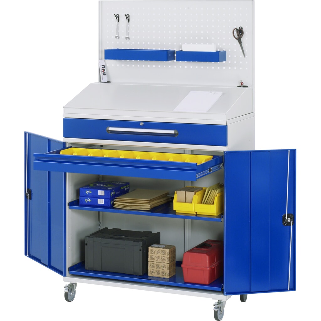 RAU mobiele rollende lessenaar, HxBxD 1.235-1.895 x 1.100 x 520 mm, lades 1 x 80, 1 x 120 mm Product afbeelding: RAU mobiele rollende lessenaar, HxBxD 1.235-1.895 x 1.100 x 520 mm, lades 1 x 80, 1 x 120 mm