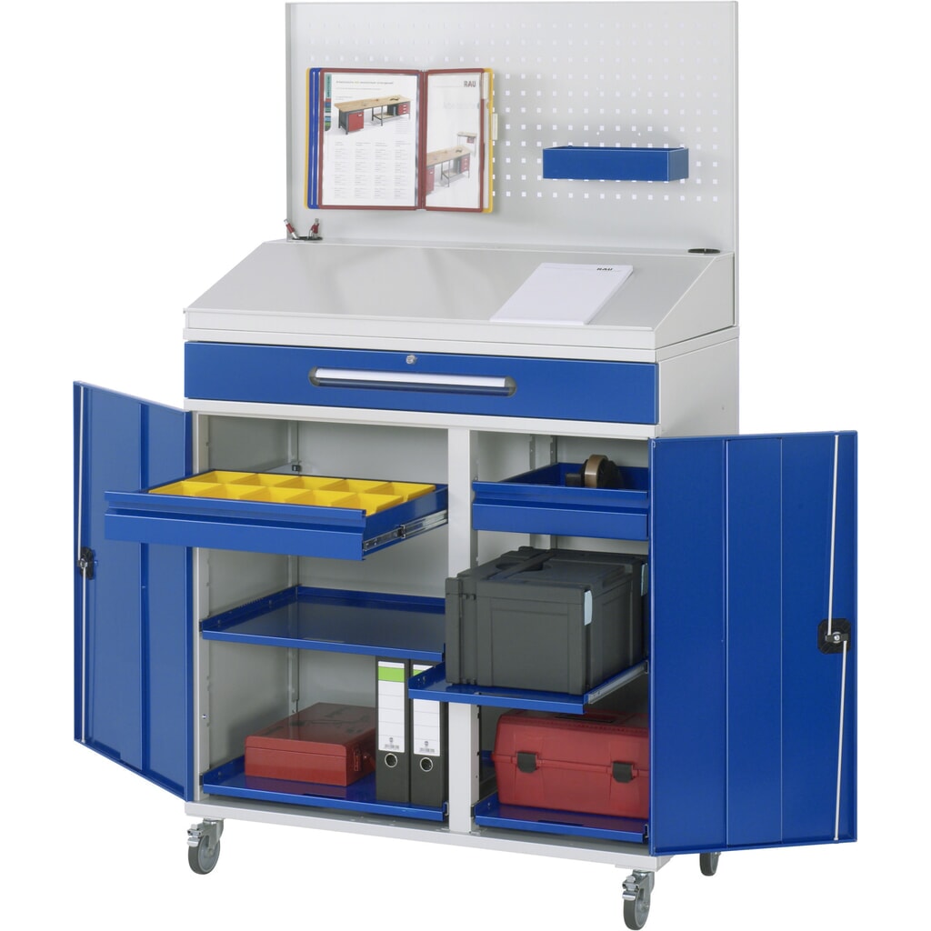RAU mobiele rollende lessenaar, HxBxD 1.235-1.895 x 1.100 x 520 mm, lades 2 x 80, 1 x 120 mm Product afbeelding: RAU mobiele rollende lessenaar, HxBxD 1.235-1.895 x 1.100 x 520 mm, lades 2 x 80, 1 x 120 mm