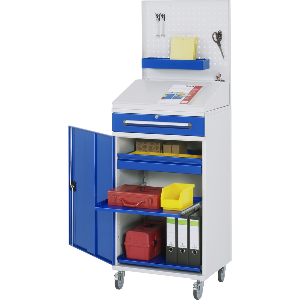 RAU mobiele rollende lessenaar, HxBxD 1.235-1.895 x 650 x 520 mm, lades 1 x 80, 1 x 120 mm Product afbeelding: RAU mobiele rollende lessenaar, HxBxD 1.235-1.895 x 650 x 520 mm, lades 1 x 80, 1 x 120 mm