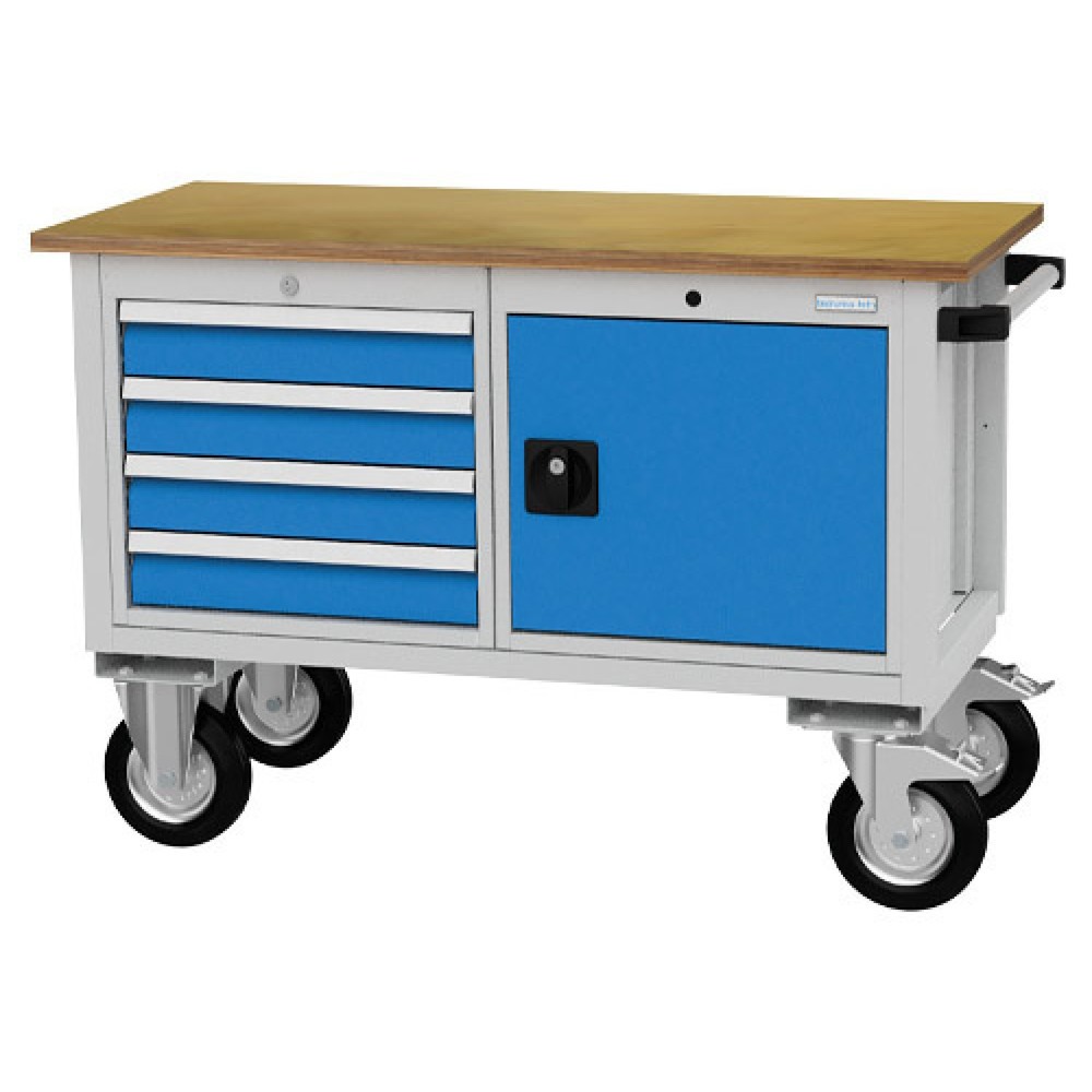 Productafbeelding nr. 1: Mobiele werkbank Bedrunka+Hirth R 18-16, hxbxd 820 x 1.200 x 540 mm, lichtgrijs, lichtblauw, 4 lades 4x100 mm, 1 draaideur 1x400 mm